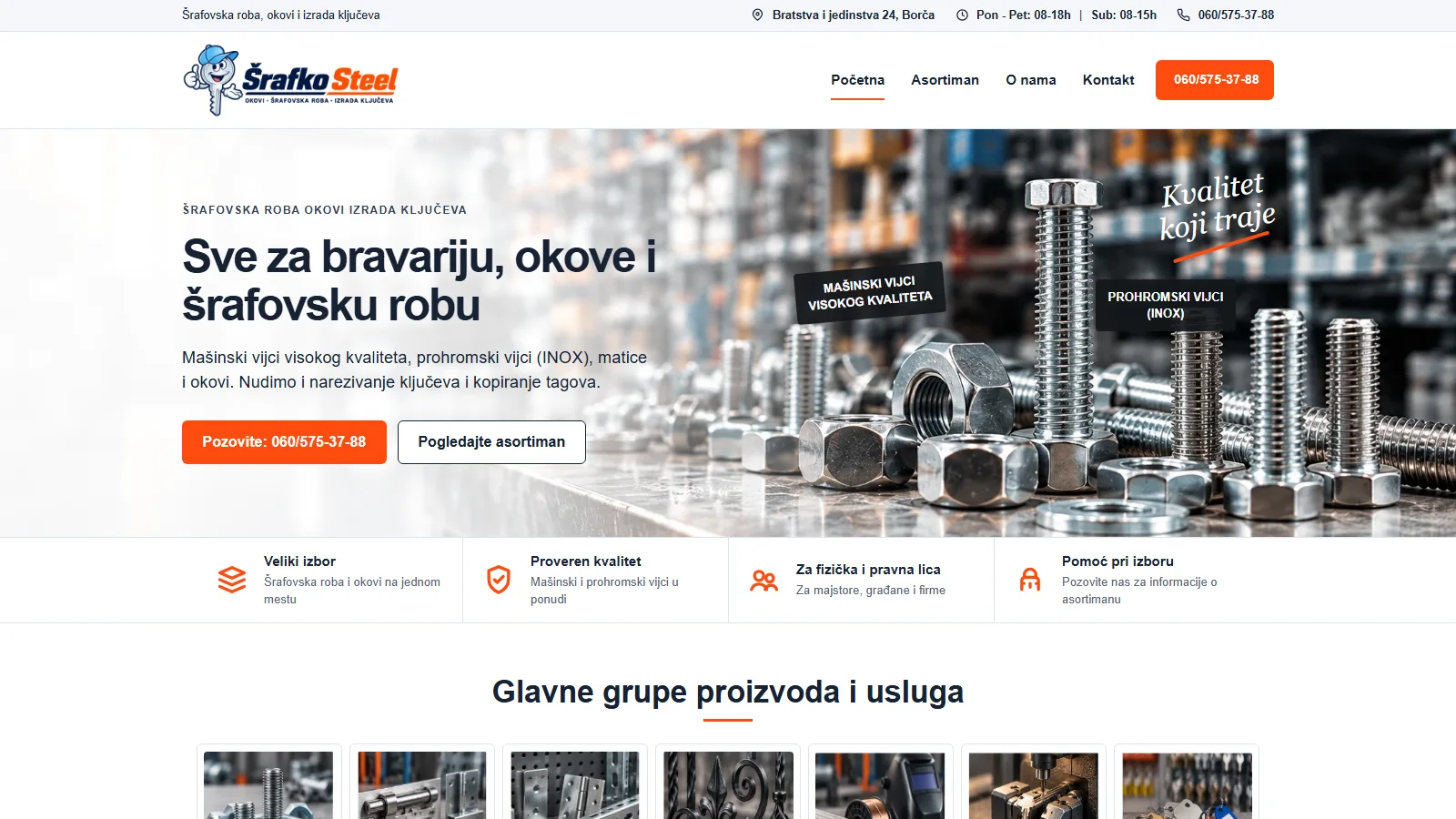 Početna stranica Šrafko Steel poslovnog sajta sa prikazom ponude i kontakt akcija